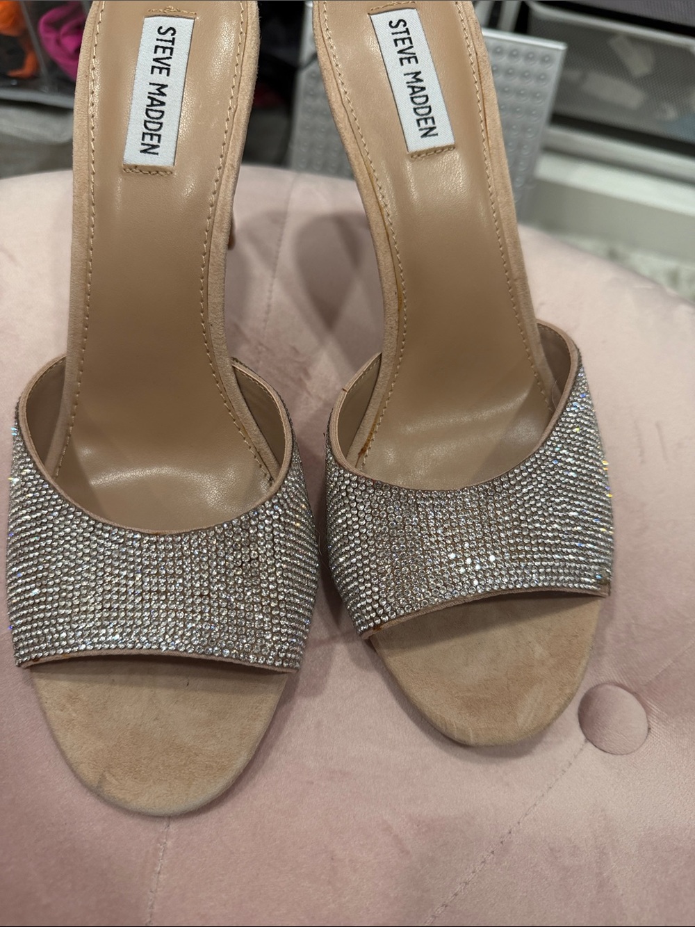 Steve Madden Beige Crystal Embellished Slide Heels